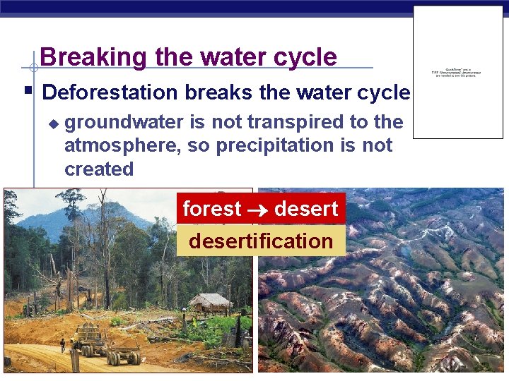 Breaking the water cycle § Deforestation breaks the water cycle u groundwater is not