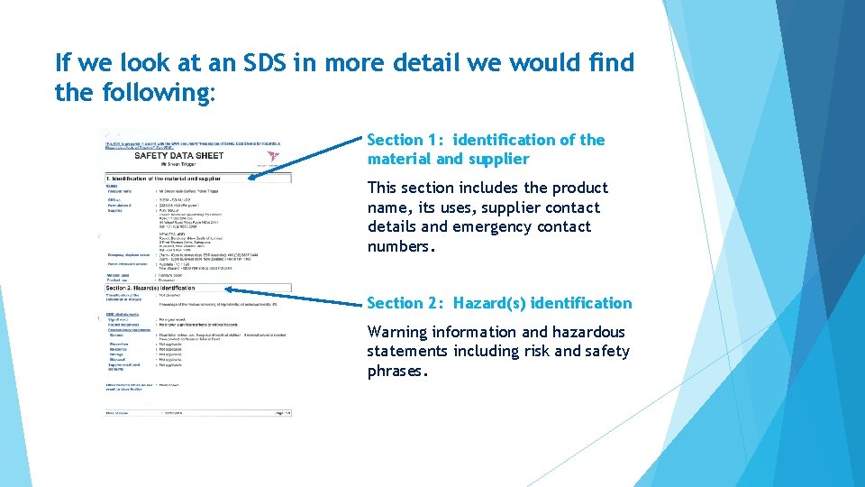 If we look at an SDS in more detail we would find the following: