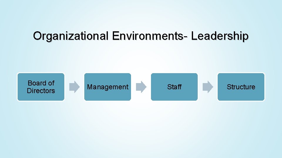 Organizational Environments- Leadership Board of Directors Management Staff Structure 