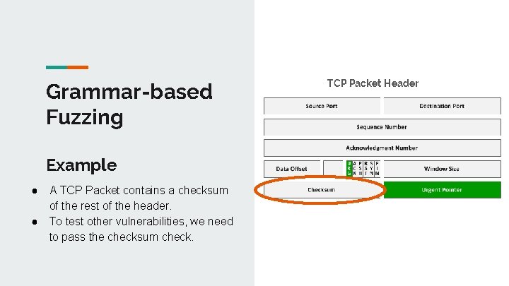 Grammar-based Fuzzing Example ● ● A TCP Packet contains a checksum of the rest