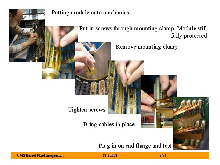 Putting module onto mechanics Put in screws through mounting clamp. Module still fully protected