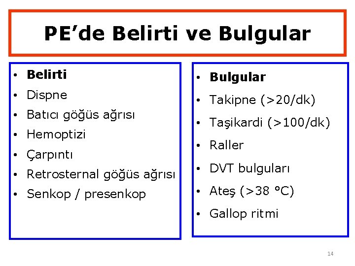 PE’de Belirti ve Bulgular • Belirti • Bulgular • Dispne • Takipne (>20/dk) •