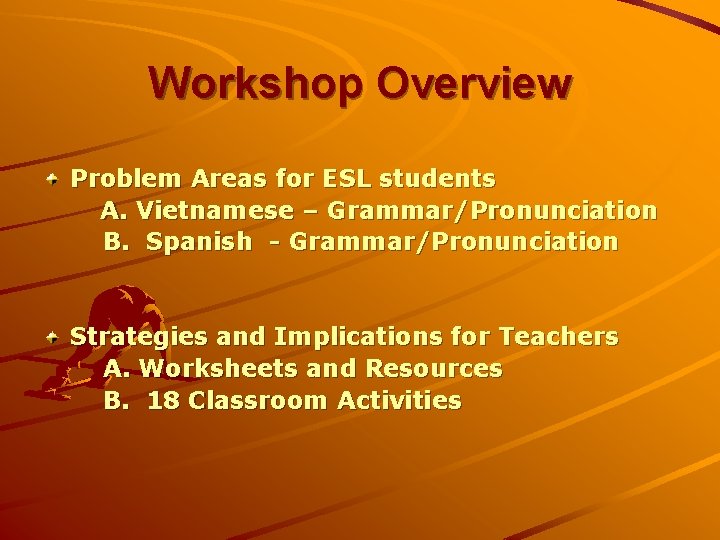 Workshop Overview Problem Areas for ESL students A. Vietnamese – Grammar/Pronunciation B. Spanish -