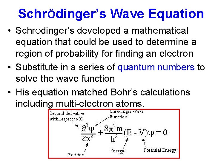 SchrÖdinger’s Wave Equation • SchrÖdinger’s developed a mathematical equation that could be used to