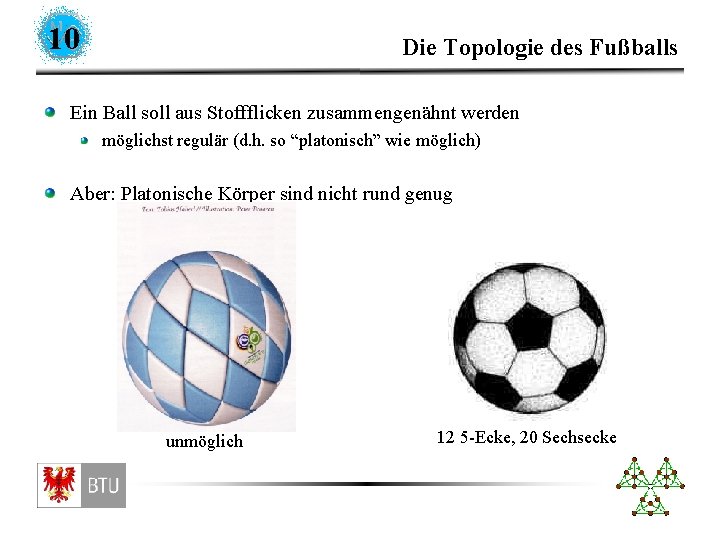 10 Die Topologie des Fußballs Ein Ball soll aus Stoffflicken zusammengenähnt werden möglichst regulär