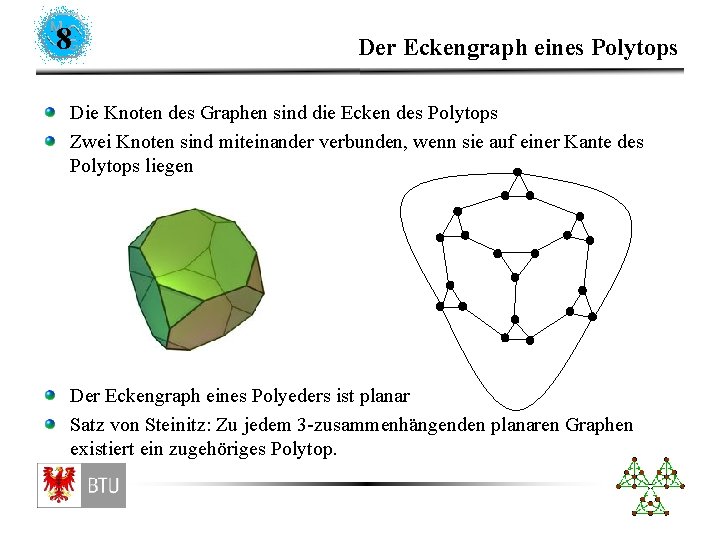 8 Der Eckengraph eines Polytops Die Knoten des Graphen sind die Ecken des Polytops