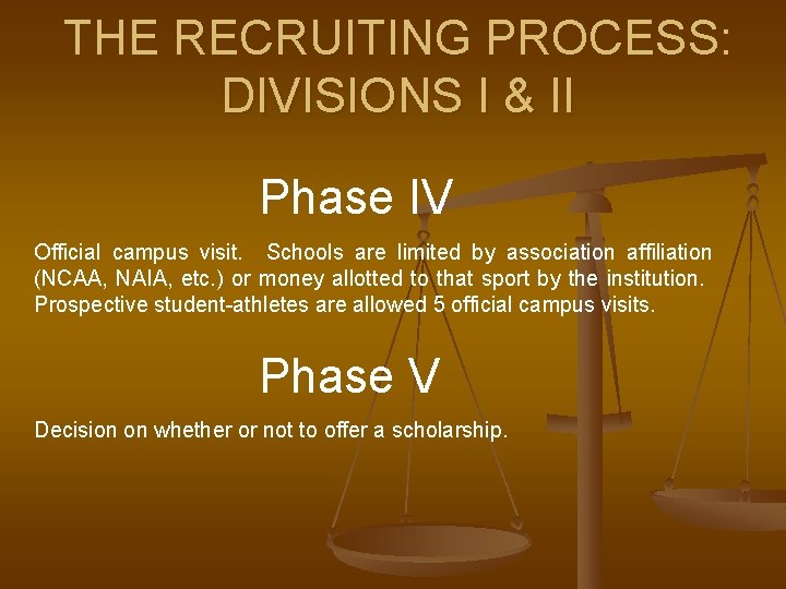 THE RECRUITING PROCESS: DIVISIONS I & II Phase IV Official campus visit. Schools are