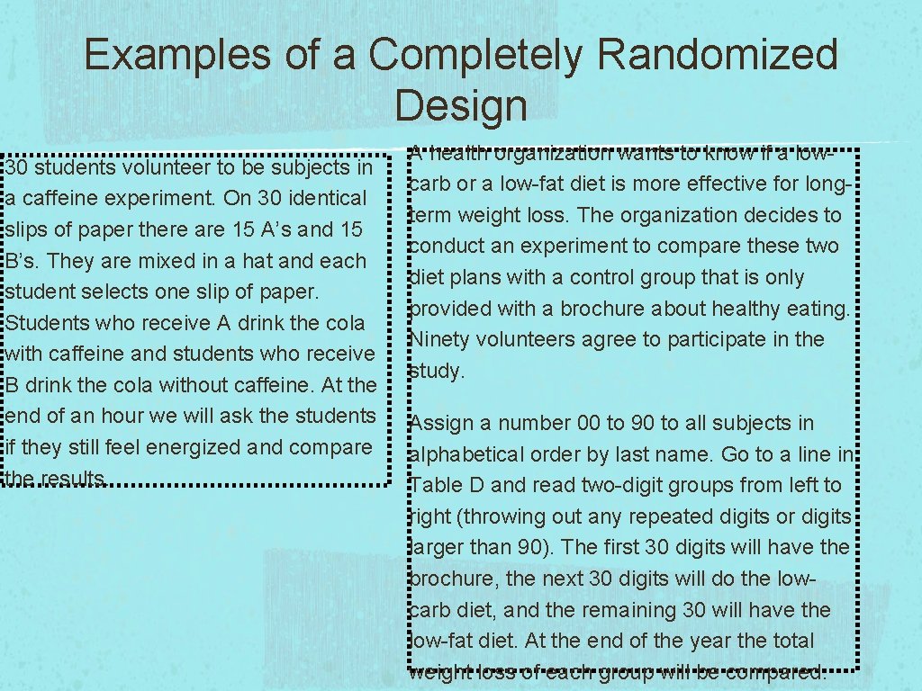 Examples of a Completely Randomized Design 30 students volunteer to be subjects in a