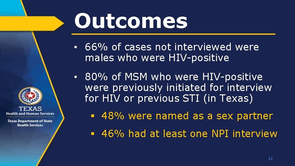 Outcomes • 66% of cases not interviewed were males who were HIV-positive • 80%