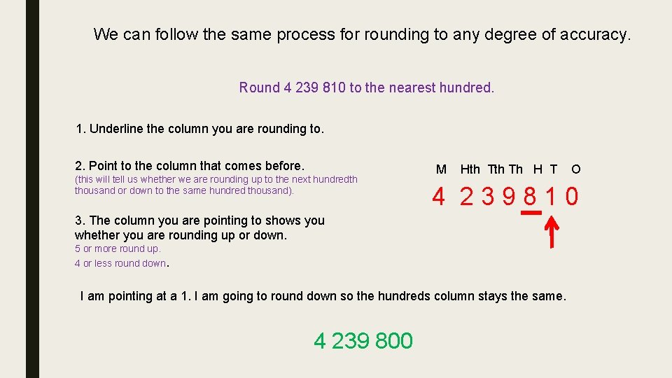 We can follow the same process for rounding to any degree of accuracy. Round
