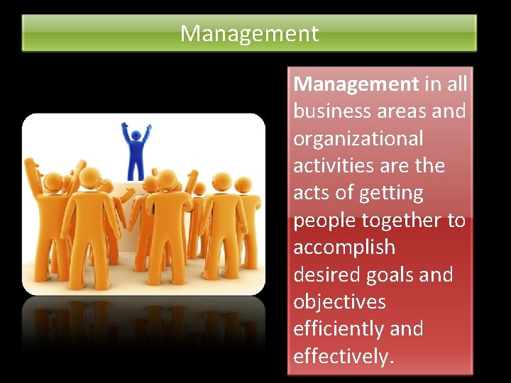 Management in all business areas and organizational activities are the acts of getting people