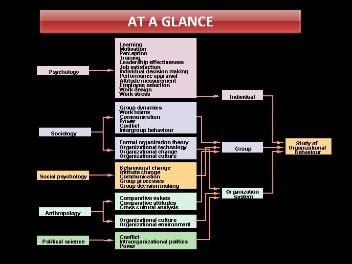 Behavioural science Psychology Sociology AT A GLANCE Contribution Learning Motivation Perception Training Leadership effectiveness