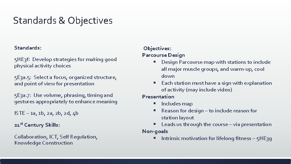 Standards & Objectives Standards: 5 HE 3 f: Develop strategies for making good physical