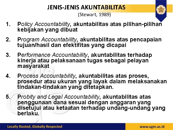 JENIS-JENIS AKUNTABILITAS (Stewart, 1989) 1. Policy Accountability, akuntabilitas atas pilihan-pilihan kebijakan yang dibuat 2.