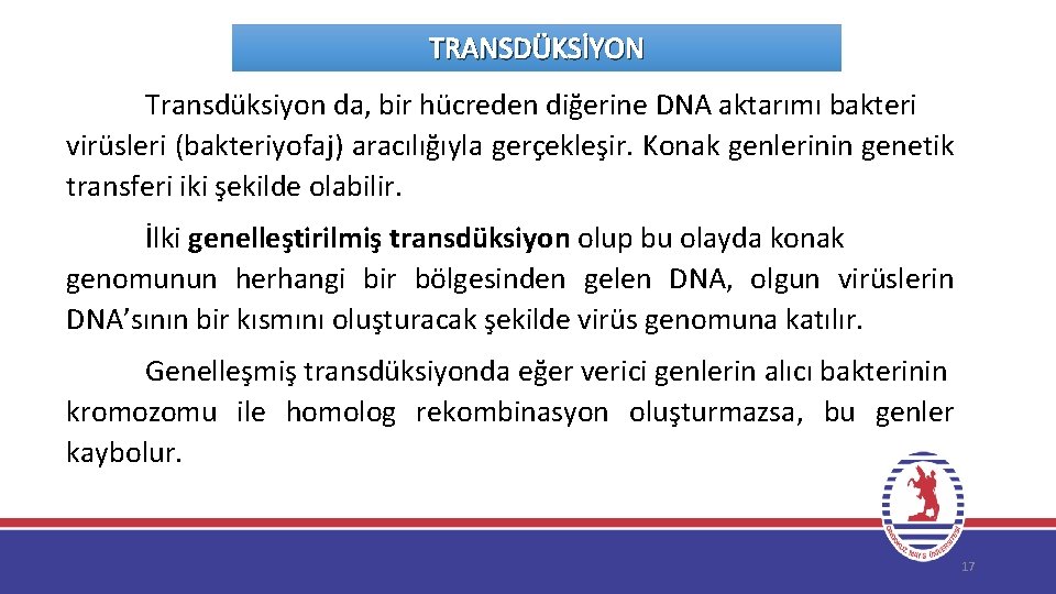 TRANSDÜKSİYON Transdüksiyon da, bir hücreden diğerine DNA aktarımı bakteri virüsleri (bakteriyofaj) aracılığıyla gerçekleşir. Konak