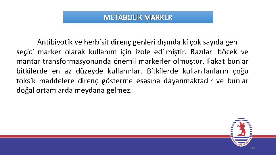 METABOLİK MARKER Antibiyotik ve herbisit direnç genleri dışında ki çok sayıda gen seçici marker