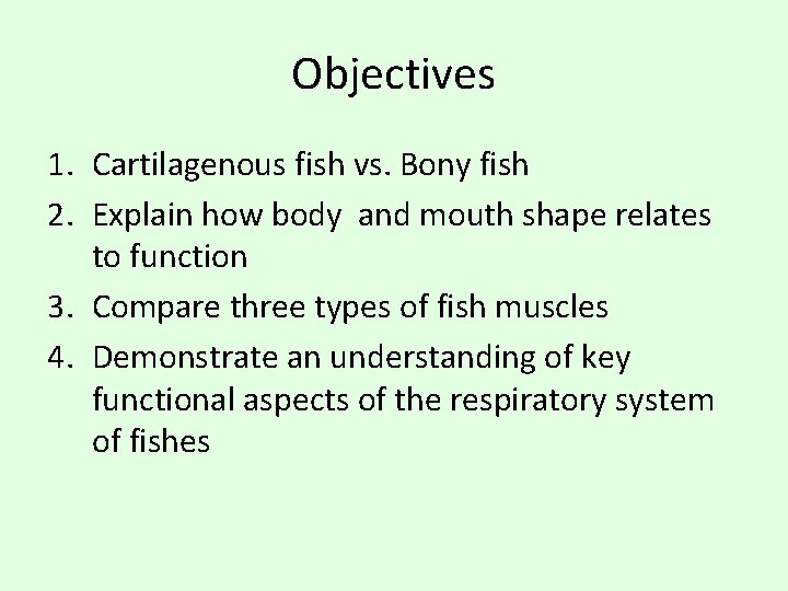 Objectives 1. Cartilagenous fish vs. Bony fish 2. Explain how body and mouth shape