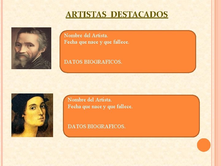 ARTISTAS DESTACADOS Nombre del Artista. Fecha que nace y que fallece. DATOS BIOGRAFICOS. 