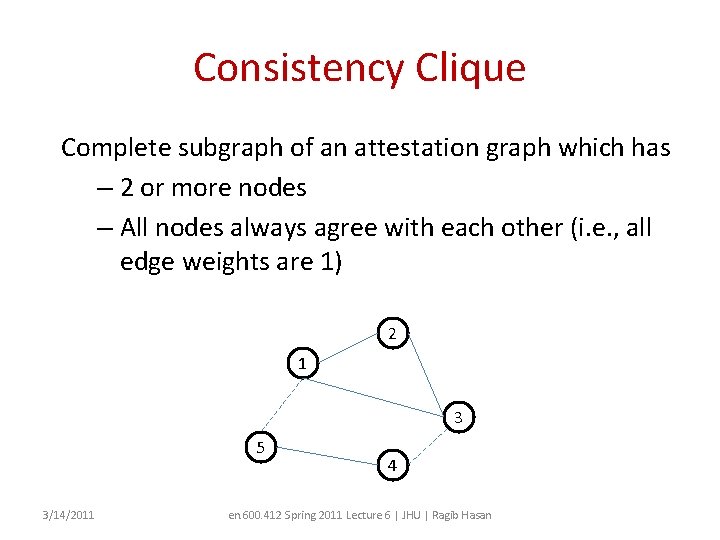 Consistency Clique Complete subgraph of an attestation graph which has – 2 or more