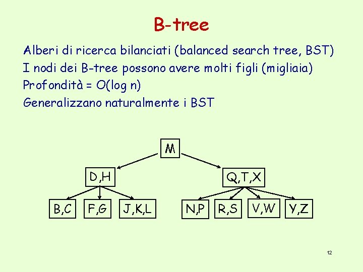 B-tree Alberi di ricerca bilanciati (balanced search tree, BST) I nodi dei B-tree possono