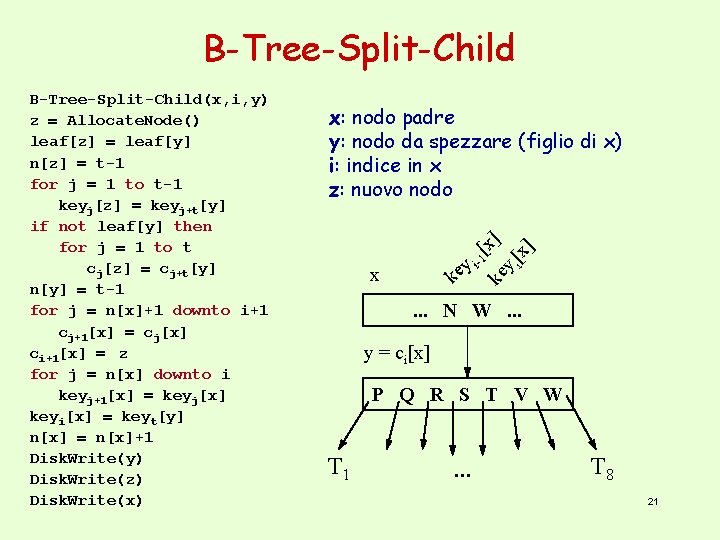 B-Tree-Split-Child ] x i - y[ yi e k [x 1 x] x: nodo