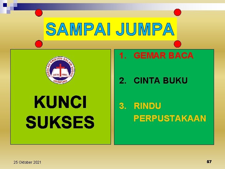 SAMPAI JUMPA 1. GEMAR BACA 2. CINTA BUKU 3. RINDU PERPUSTAKAAN 25 Oktober 2021