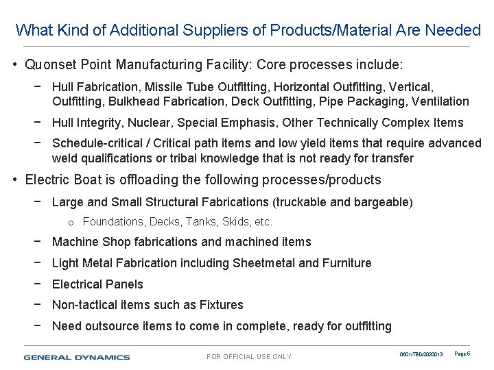 What Kind of Additional Suppliers of Products/Material Are Needed • Quonset Point Manufacturing Facility: