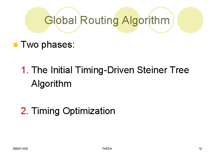 Global Routing Algorithm l Two phases: 1. The Initial Timing-Driven Steiner Tree Algorithm 2.