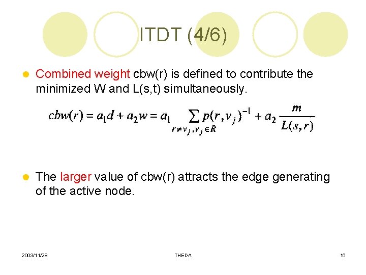 ITDT (4/6) l Combined weight cbw(r) is defined to contribute the minimized W and