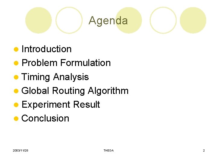 Agenda l Introduction l Problem Formulation l Timing Analysis l Global Routing Algorithm l