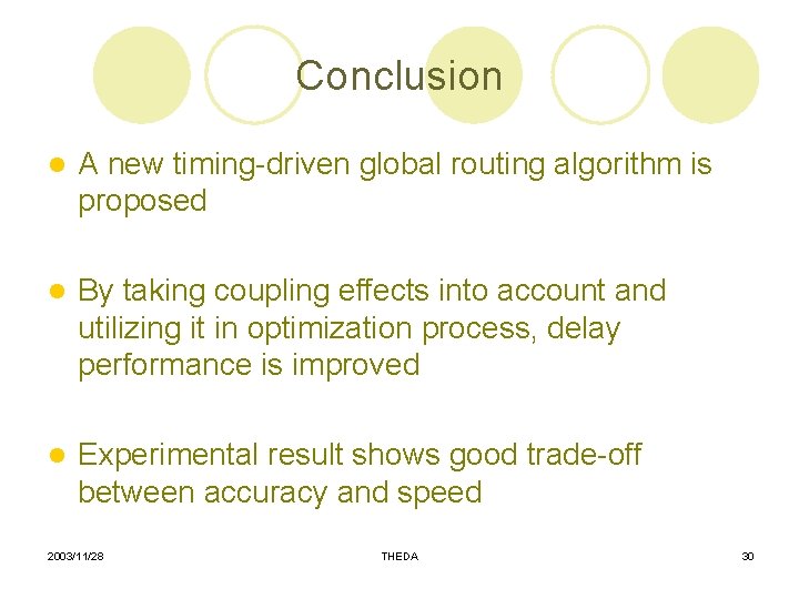 Conclusion l A new timing-driven global routing algorithm is proposed l By taking coupling