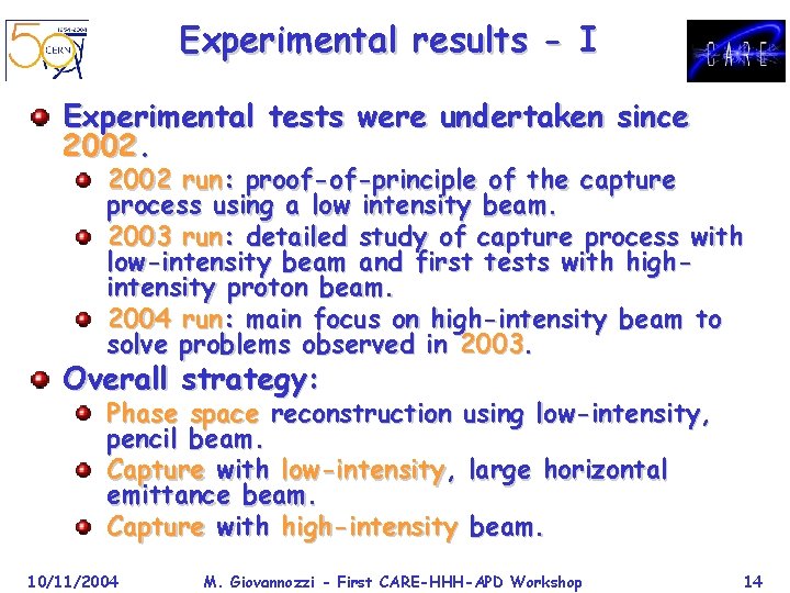 Experimental results - I Experimental tests were undertaken since 2002 run: proof-of-principle of the