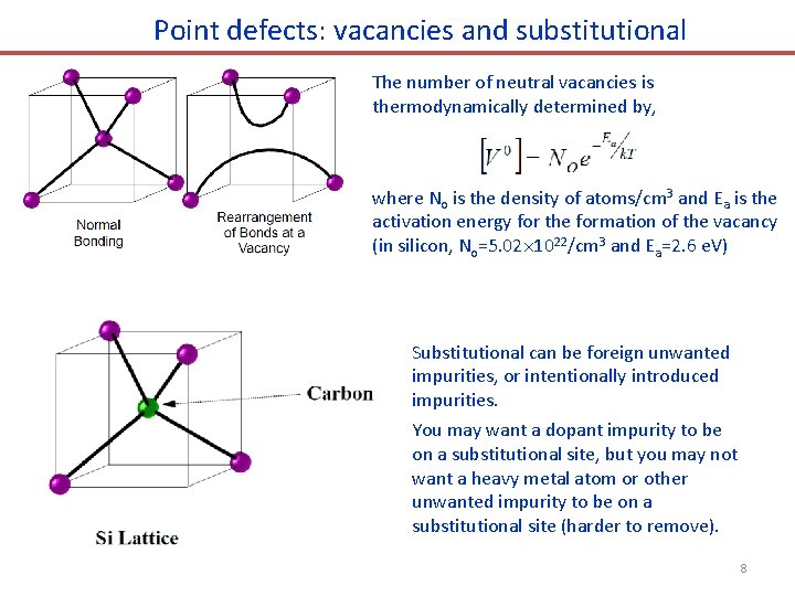 Point defects: vacancies and substitutional The number of neutral vacancies is thermodynamically determined by,