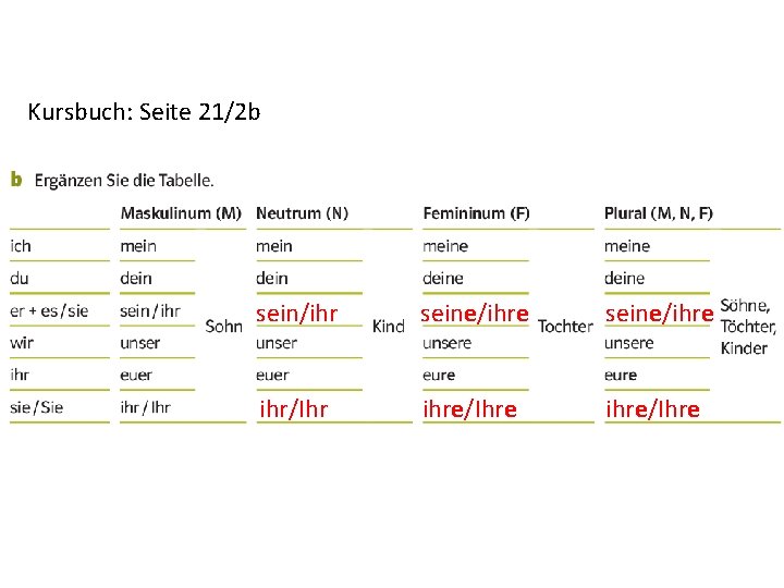 Kursbuch: Seite 21/2 b sein/ihr seine/ihre ihr/Ihr ihre/Ihre 