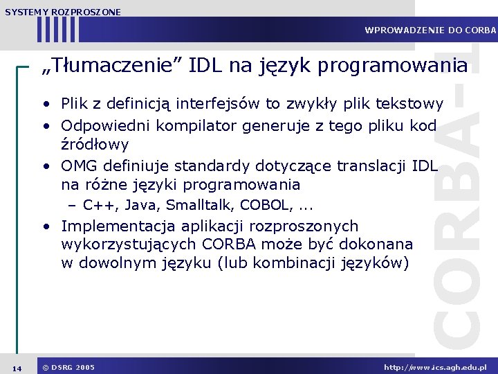 SYSTEMY ROZPROSZONE CORBA-1 WPROWADZENIE DO CORBA „Tłumaczenie” IDL na język programowania • Plik z