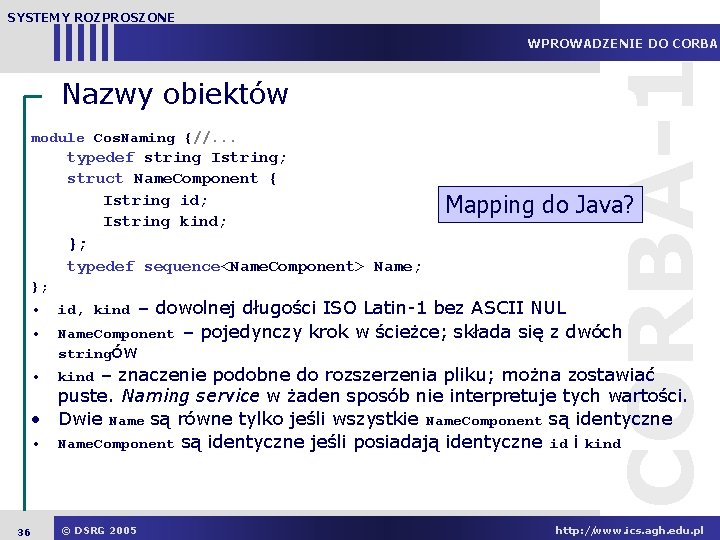 SYSTEMY ROZPROSZONE Nazwy obiektów module Cos. Naming {//. . . typedef string Istring; struct