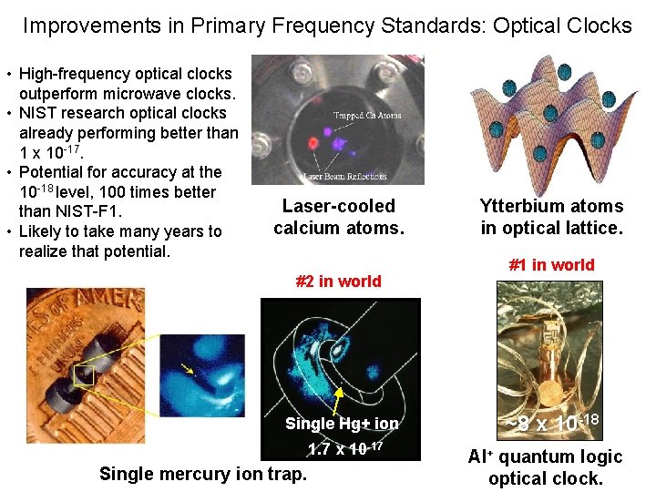 Improvements in Primary Frequency Standards: Optical Clocks • High-frequency optical clocks outperform microwave clocks. Improvements in Primary Frequency Standards: Optical Clocks • High-frequency optical clocks outperform microwave clocks.