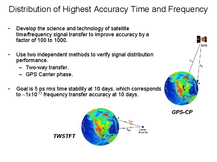 Distribution of Highest Accuracy Time and Frequency • Develop the science and technology of Distribution of Highest Accuracy Time and Frequency • Develop the science and technology of