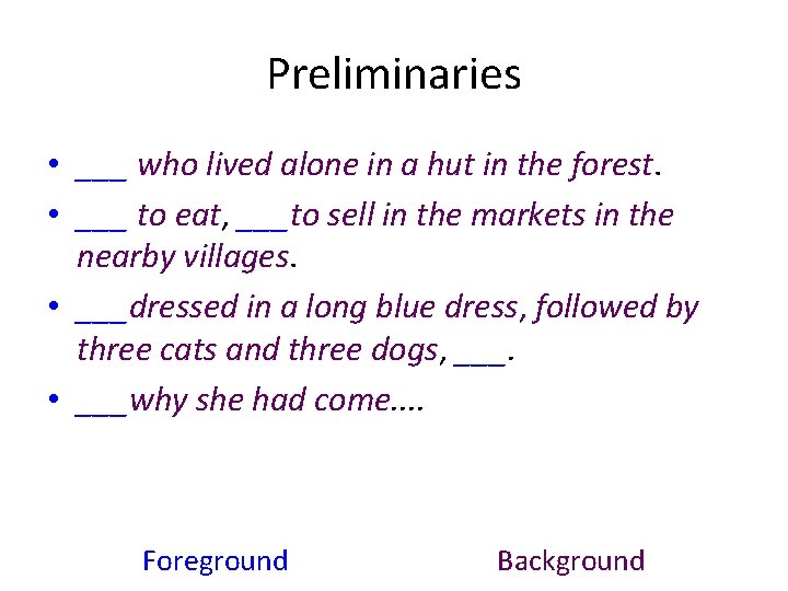 Preliminaries • ___ who lived alone in a hut in the forest. • ___