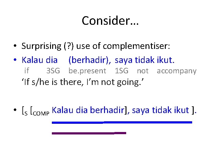 Consider… • Surprising (? ) use of complementiser: • Kalau dia (berhadir), saya tidak