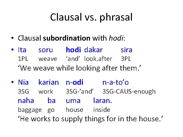 Clausal vs. phrasal • Clausal subordination with hodi: • Ita soru hodi dakar sira