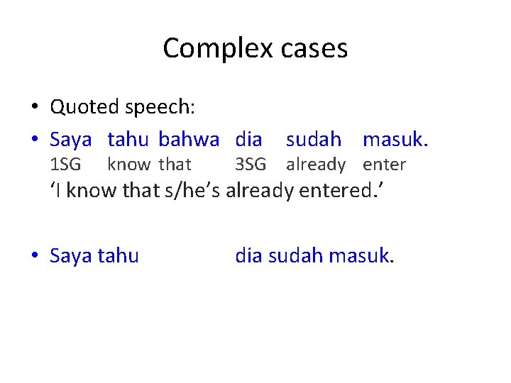 Complex cases • Quoted speech: • Saya tahu bahwa dia 1 SG know that