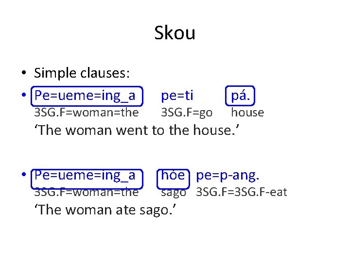 Skou • Simple clauses: • Pe=ueme=ing_a 3 SG. F=woman=the pe=ti 3 SG. F=go pá.