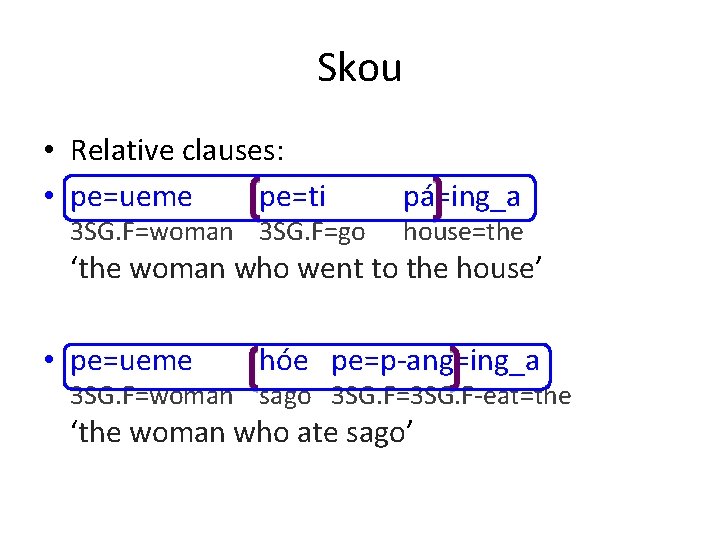 Skou • Relative clauses: • pe=ueme pe=ti 3 SG. F=woman 3 SG. F=go pá=ing_a