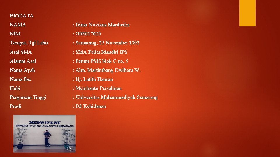 BIODATA NAMA : Dinar Noviana Mardwika NIM : G 0 E 017020 Tempat, Tgl