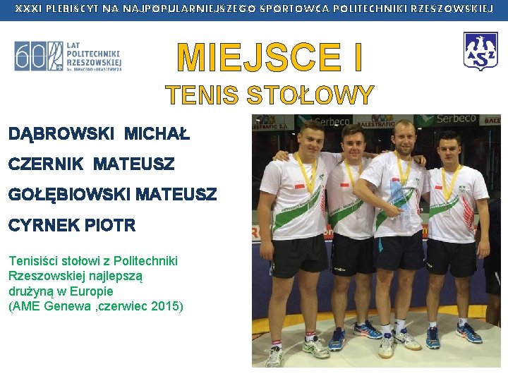 XXXI PLEBISCYT NA NAJPOPULARNIEJSZEGO SPORTOWCA POLITECHNIKI RZESZOWSKIEJ MIEJSCE I TENIS STOŁOWY DĄBROWSKI MICHAŁ CZERNIK