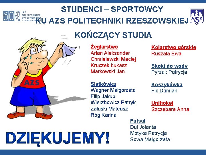 STUDENCI – SPORTOWCY KU AZS POLITECHNIKI RZESZOWSKIEJ KOŃCZĄCY STUDIA Żeglarstwo Arian Aleksander Chmielewski Maciej