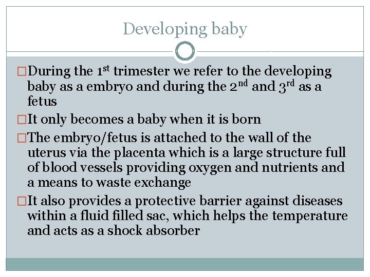 Developing baby �During the 1 st trimester we refer to the developing baby as