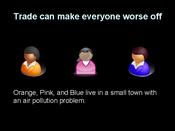 Trade can make everyone worse off Orange, Pink, and Blue live in a small