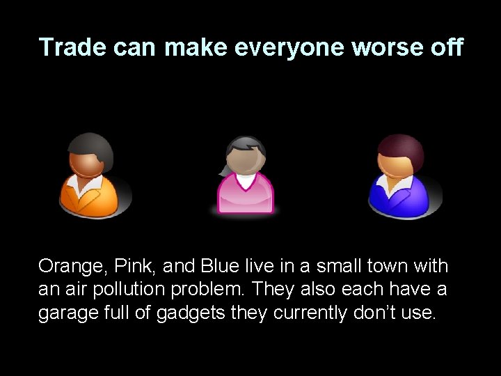 Trade can make everyone worse off Orange, Pink, and Blue live in a small